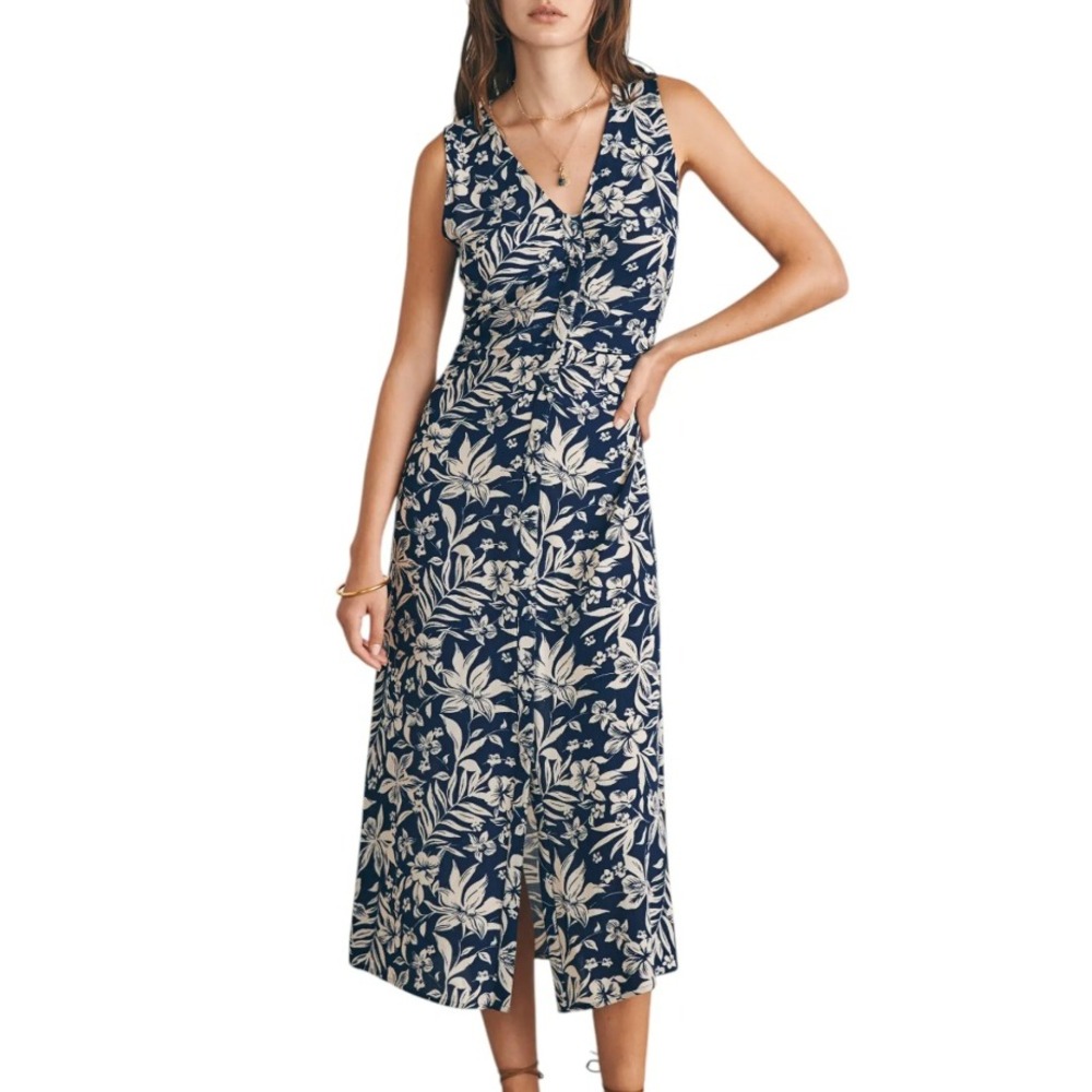 Faherty Dress Womens L Blue Floral Excellent Sleeveless V-Neck Midi Side Slit